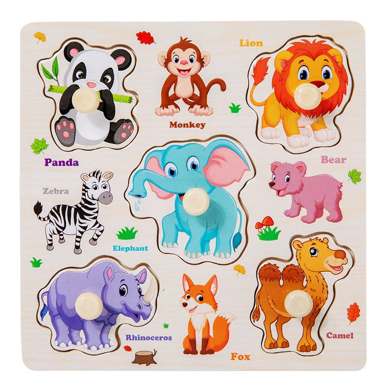 Montessori Wooden Puzzles Hand Grab Boards Toys Tangram Jigsaw Baby Educational Toys Cartoon Vehicle Animals Fruits 3D Puzzles