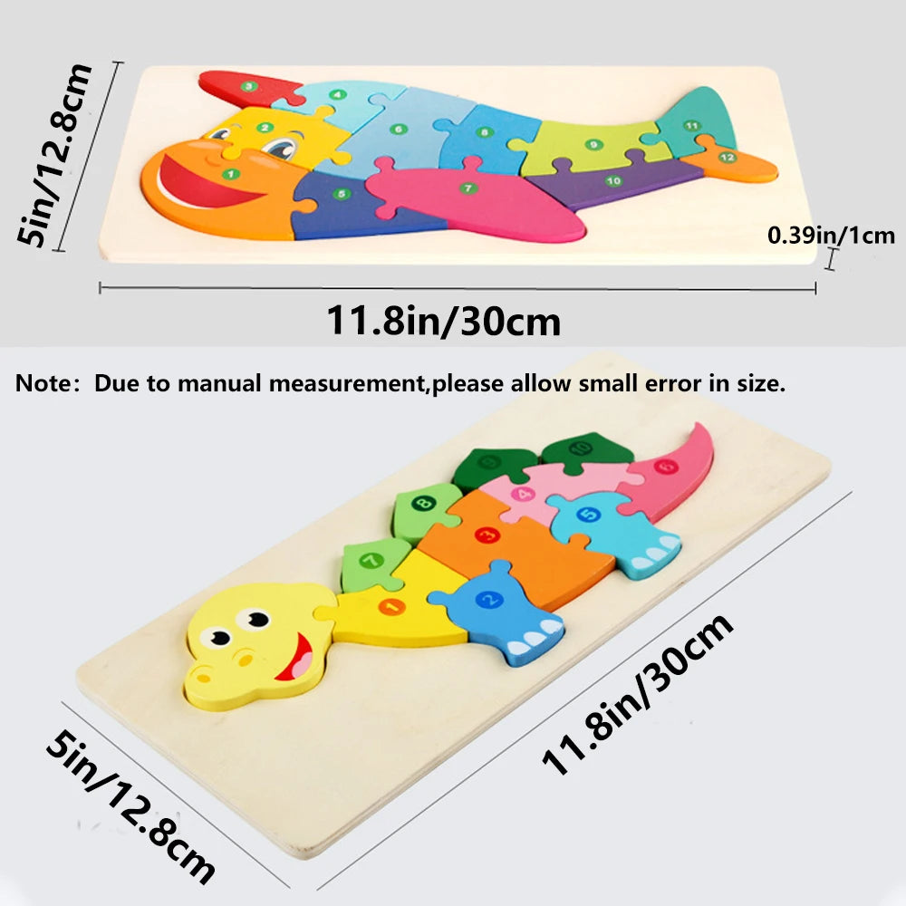 Rectangle Wooden Puzzle for Kids, Animals Vehicles Pattern Colorful Wood Numbered Puzzles For Toddlers,Learning Educational Toys